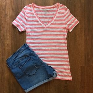 Old Navy Pink & White Striped V-Neck T-Shirt